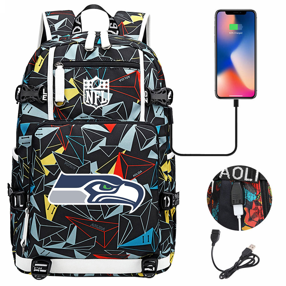 Seattle Seahawks Football Team USB Charging Backpack School Notebook Travel Bags