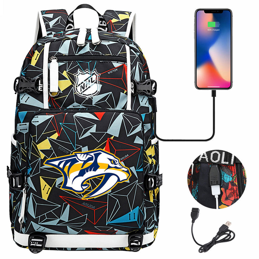 Nashville Predators Hockey League USB Charging Backpack School Notebook Travel Bags