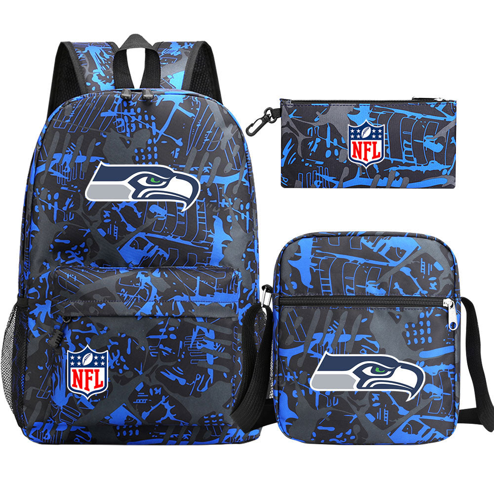 Seattle Seahawks Football Team Printed Schoolbag Backpack Shoulder Bag Pencil Bag 3pcs set for Kids Students