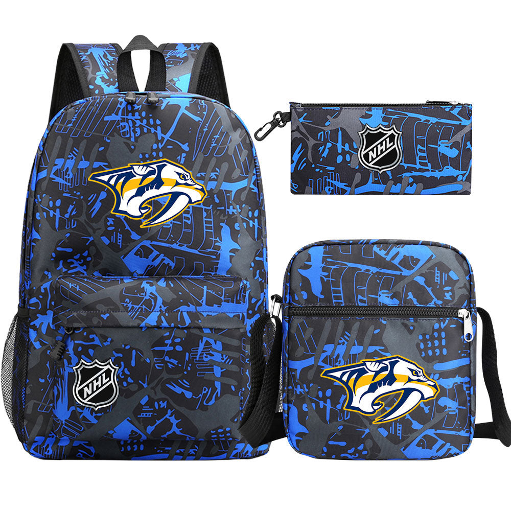 Nashville Predators Hockey League Printed Schoolbag Backpack Shoulder Bag Pencil Bag 3pcs set for Kids Students