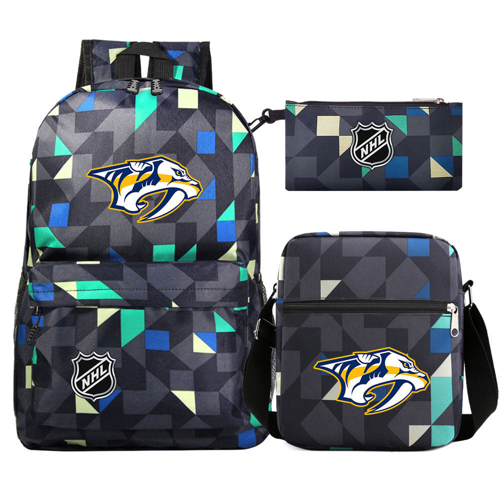 Nashville Predators Hockey League Printed Schoolbag Backpack Shoulder Bag Pencil Bag 3pcs set for Kids Students