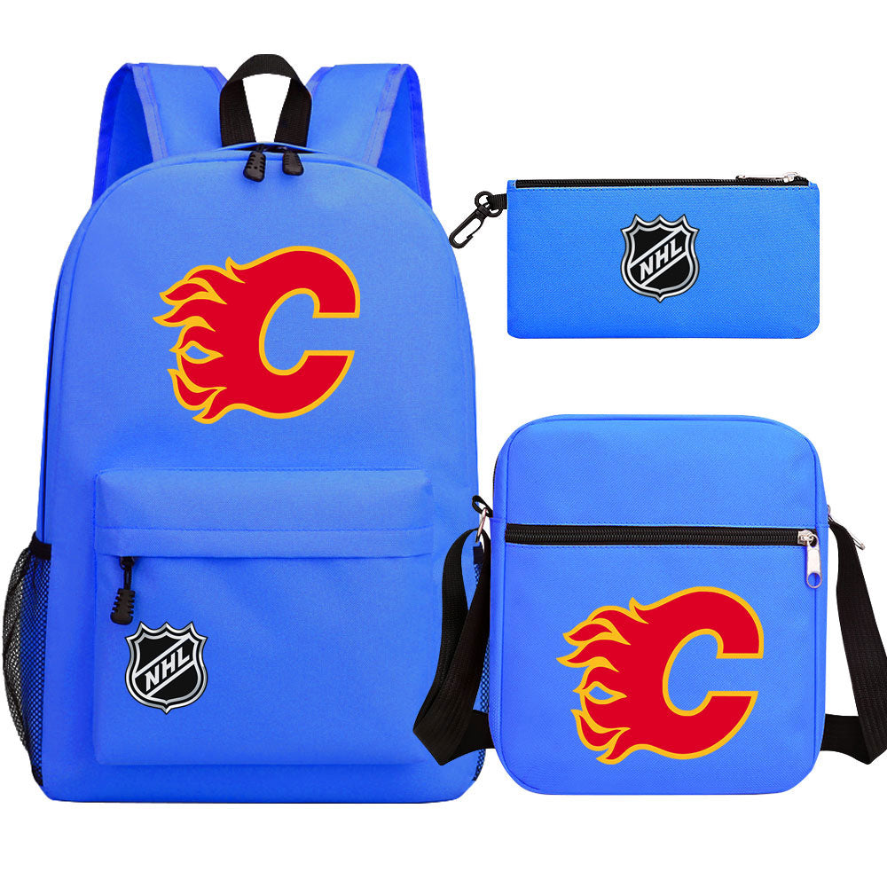 Calgary Flames Hockey League Printed Schoolbag Backpack Shoulder Bag Pencil Bag 3pcs set for Kids Students