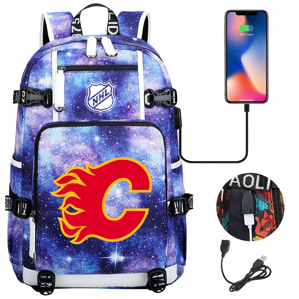 Calgary Flames Hockey League USB Charging Backpack School Notebook Travel Bags