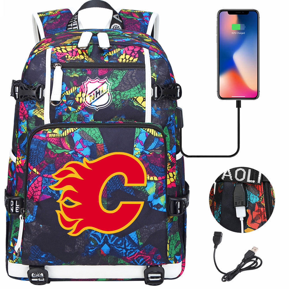 Calgary Flames Hockey League USB Charging Backpack School Notebook Travel Bags