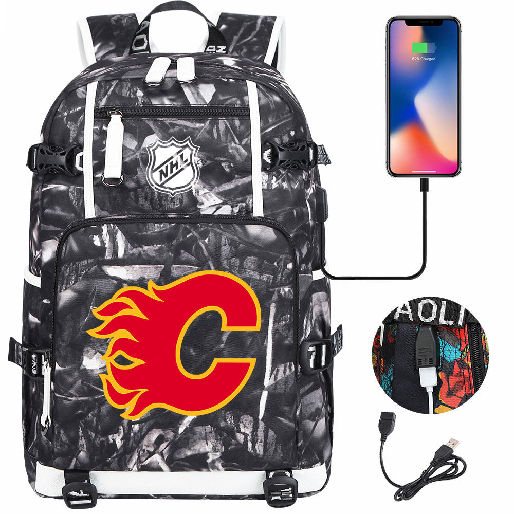 Calgary Flames Hockey League USB Charging Backpack School Notebook Travel Bags