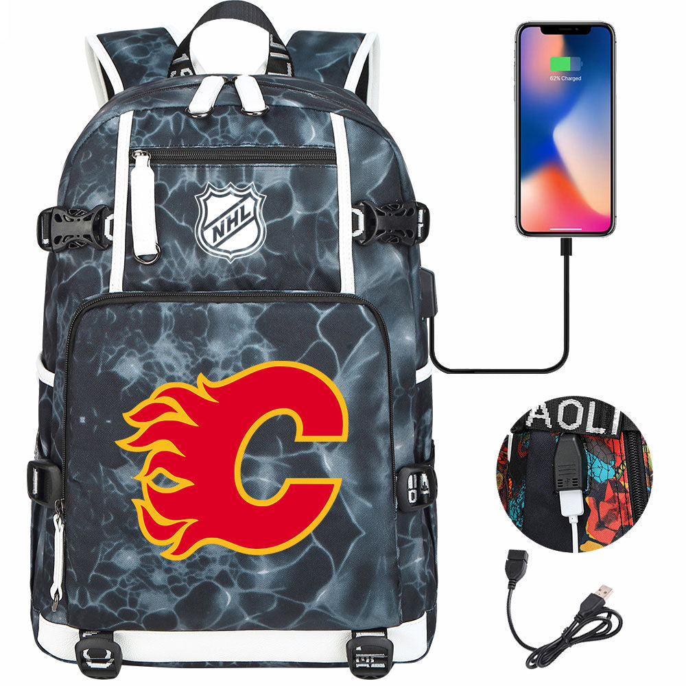 Calgary Flames Hockey League USB Charging Backpack School Notebook Travel Bags