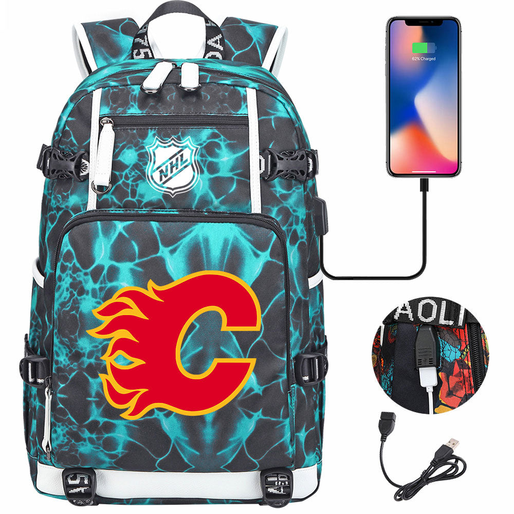 Calgary Flames Hockey League USB Charging Backpack School Notebook Travel Bags