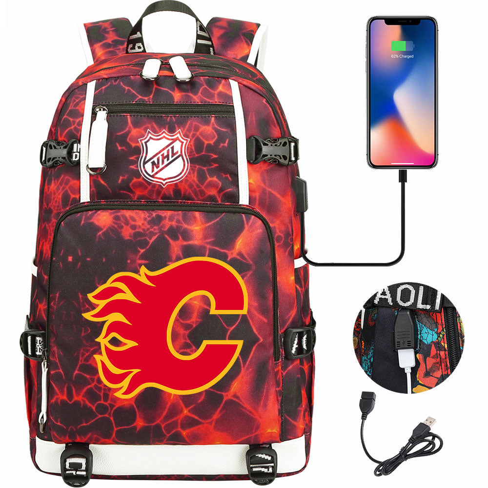 Calgary Flames Hockey League USB Charging Backpack School Notebook Travel Bags