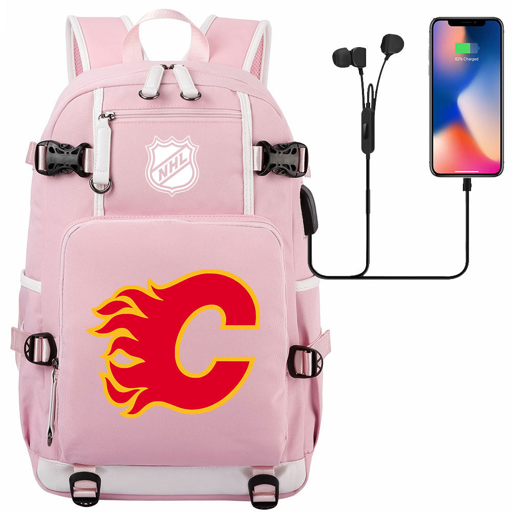 Calgary Flames Hockey League USB Charging Backpack School Notebook Travel Bags