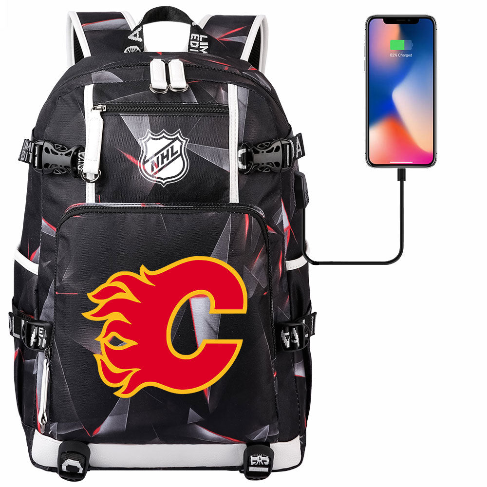 Calgary Flames Hockey League USB Charging Backpack School Notebook Travel Bags