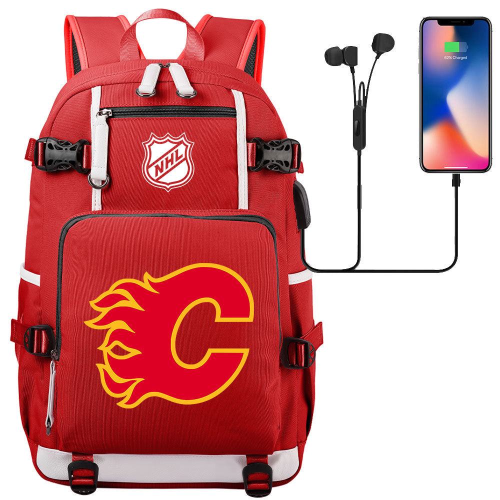 Calgary Flames Hockey League USB Charging Backpack School Notebook Travel Bags