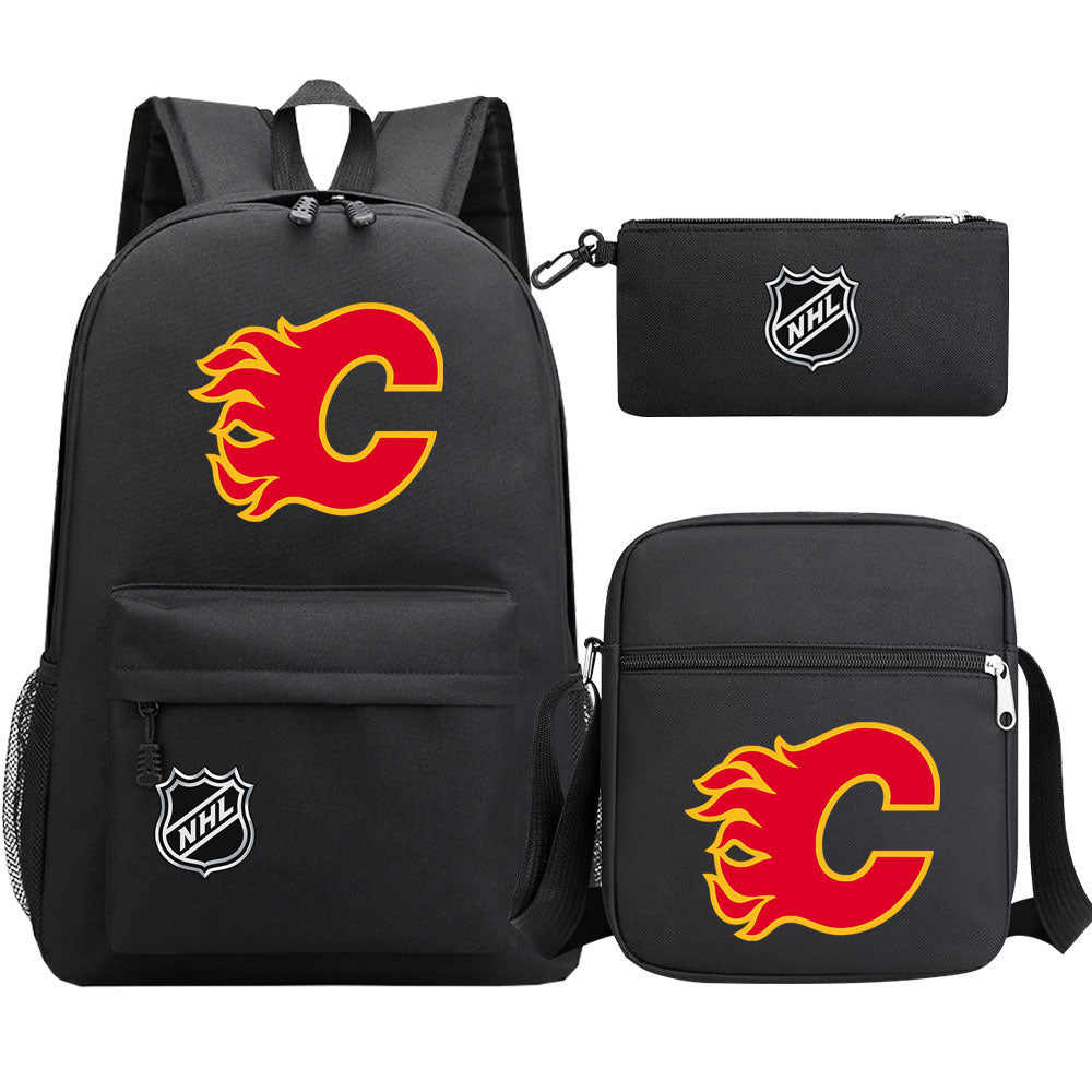 Calgary Flames Hockey League Printed Schoolbag Backpack Shoulder Bag Pencil Bag 3pcs set for Kids Students