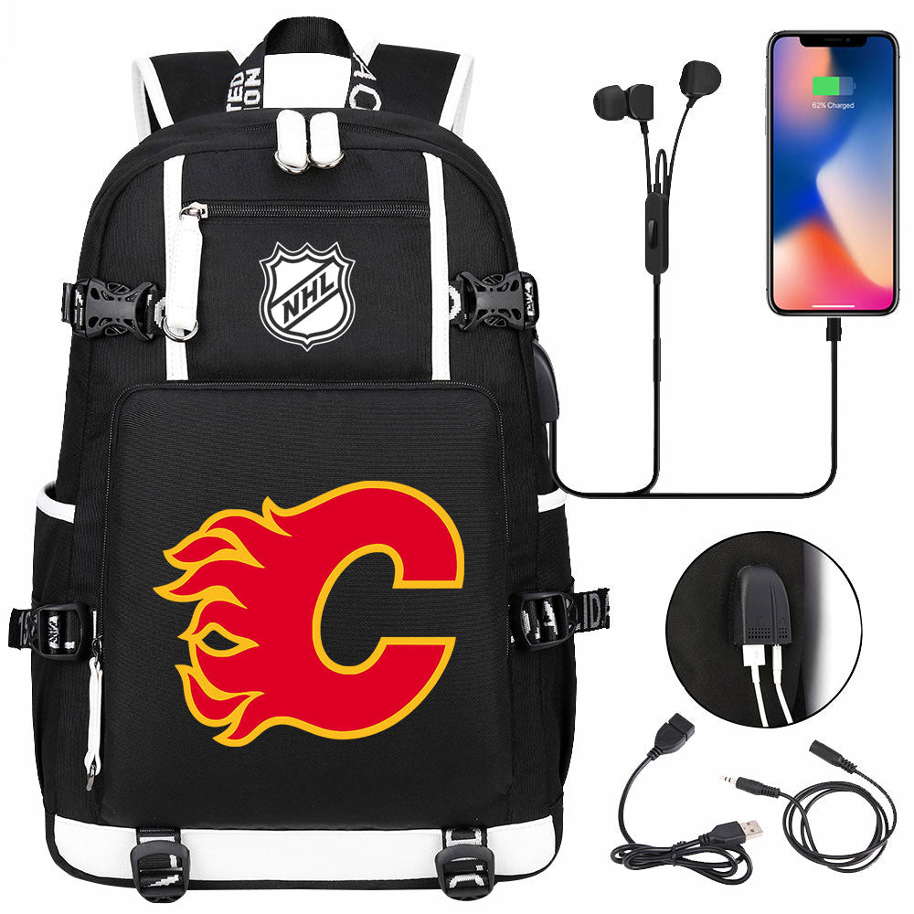 Calgary Flames Hockey League USB Charging Backpack School Notebook Travel Bags