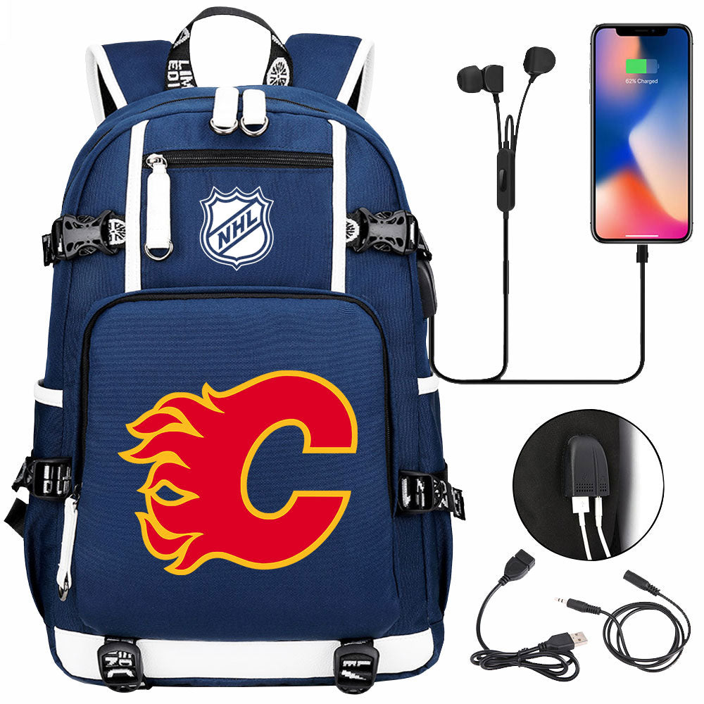 Calgary Flames Hockey League USB Charging Backpack School Notebook Travel Bags