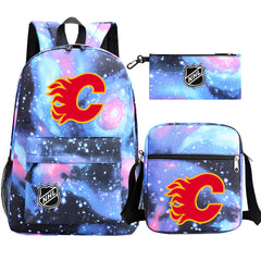 Calgary Flames Hockey League Printed Schoolbag Backpack Shoulder Bag Pencil Bag 3pcs set for Kids Students