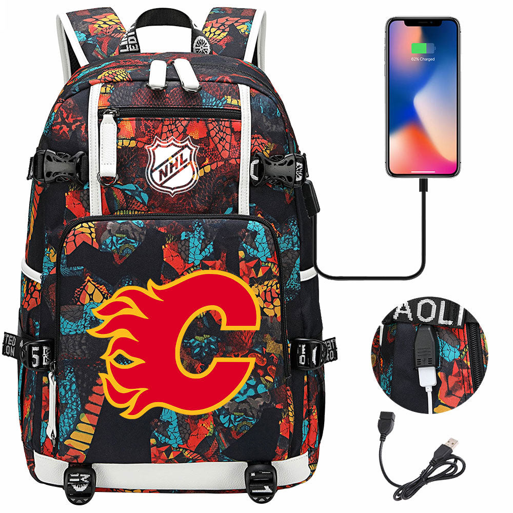 Calgary Flames Hockey League USB Charging Backpack School Notebook Travel Bags