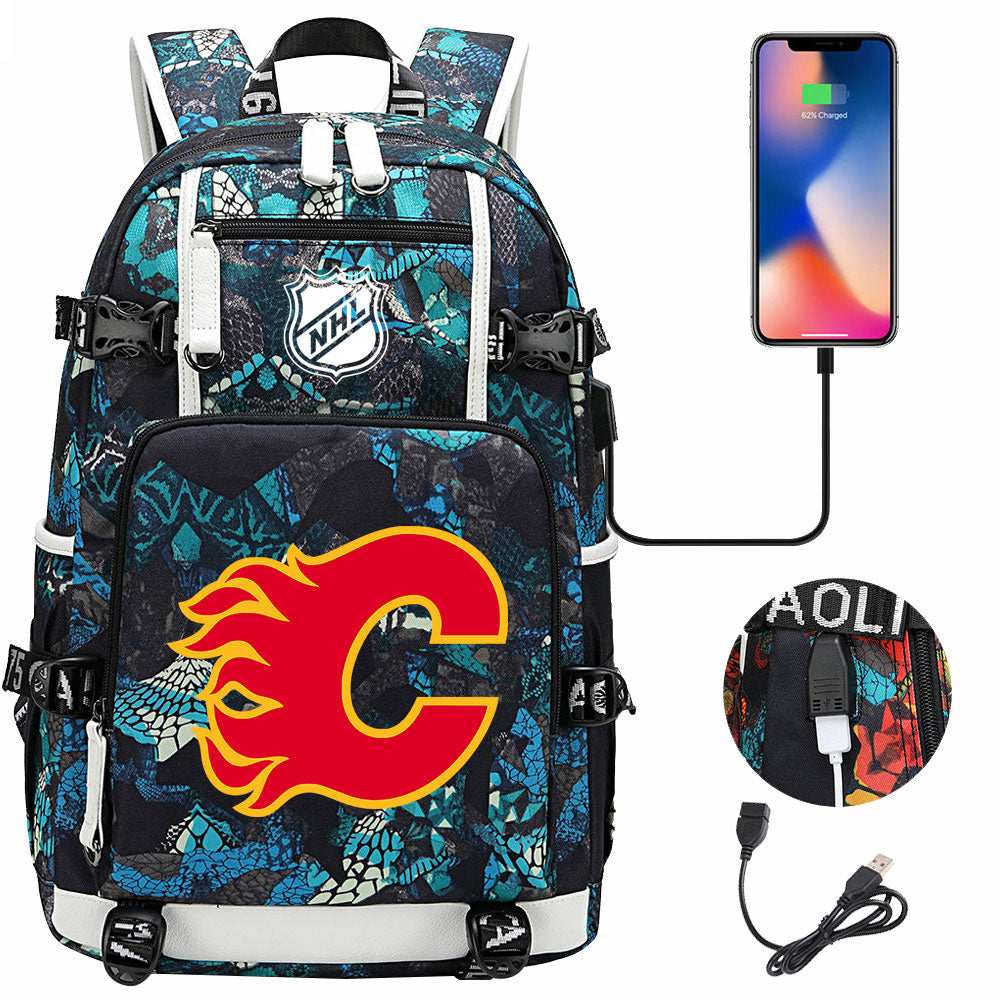 Calgary Flames Hockey League USB Charging Backpack School Notebook Travel Bags