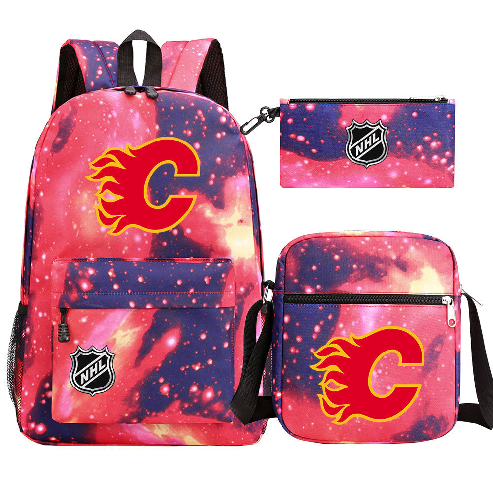 Calgary Flames Hockey League Printed Schoolbag Backpack Shoulder Bag Pencil Bag 3pcs set for Kids Students