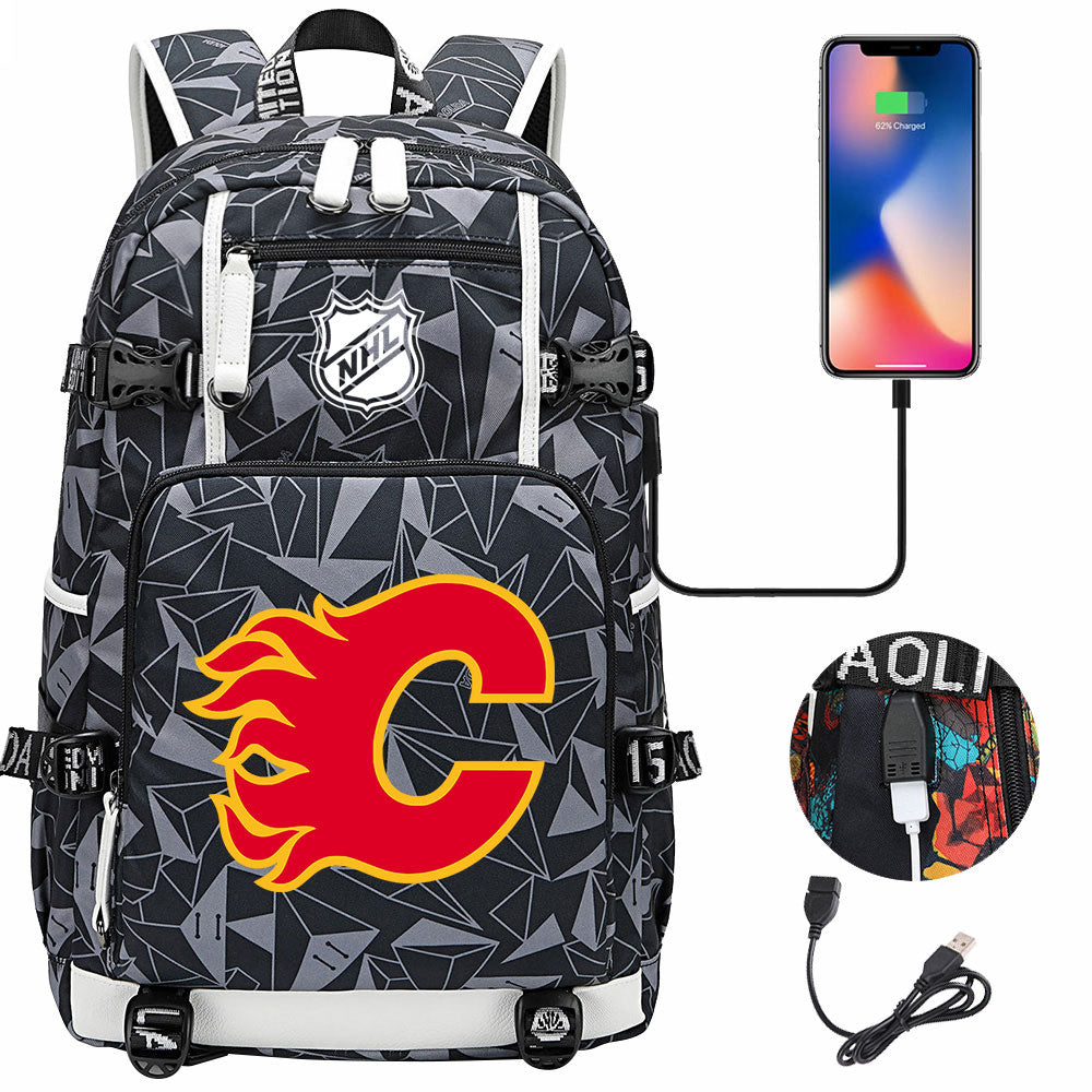 Calgary Flames Hockey League USB Charging Backpack School Notebook Travel Bags