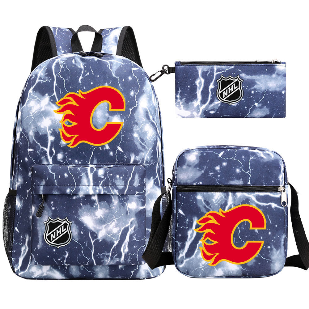 Calgary Flames Hockey League Printed Schoolbag Backpack Shoulder Bag Pencil Bag 3pcs set for Kids Students