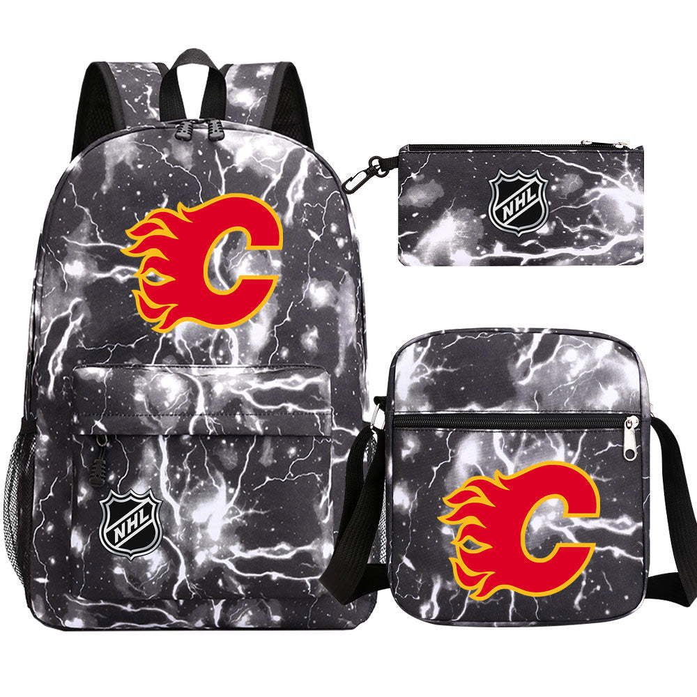 Calgary Flames Hockey League Printed Schoolbag Backpack Shoulder Bag Pencil Bag 3pcs set for Kids Students