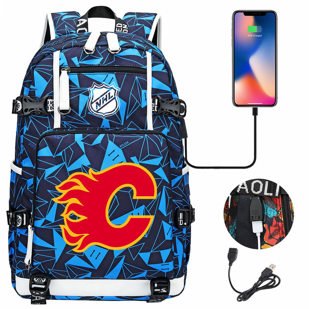 Calgary Flames Hockey League USB Charging Backpack School Notebook Travel Bags