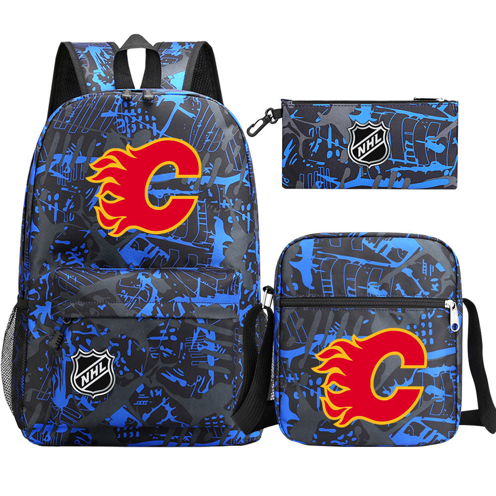 Calgary Flames Hockey League Printed Schoolbag Backpack Shoulder Bag Pencil Bag 3pcs set for Kids Students