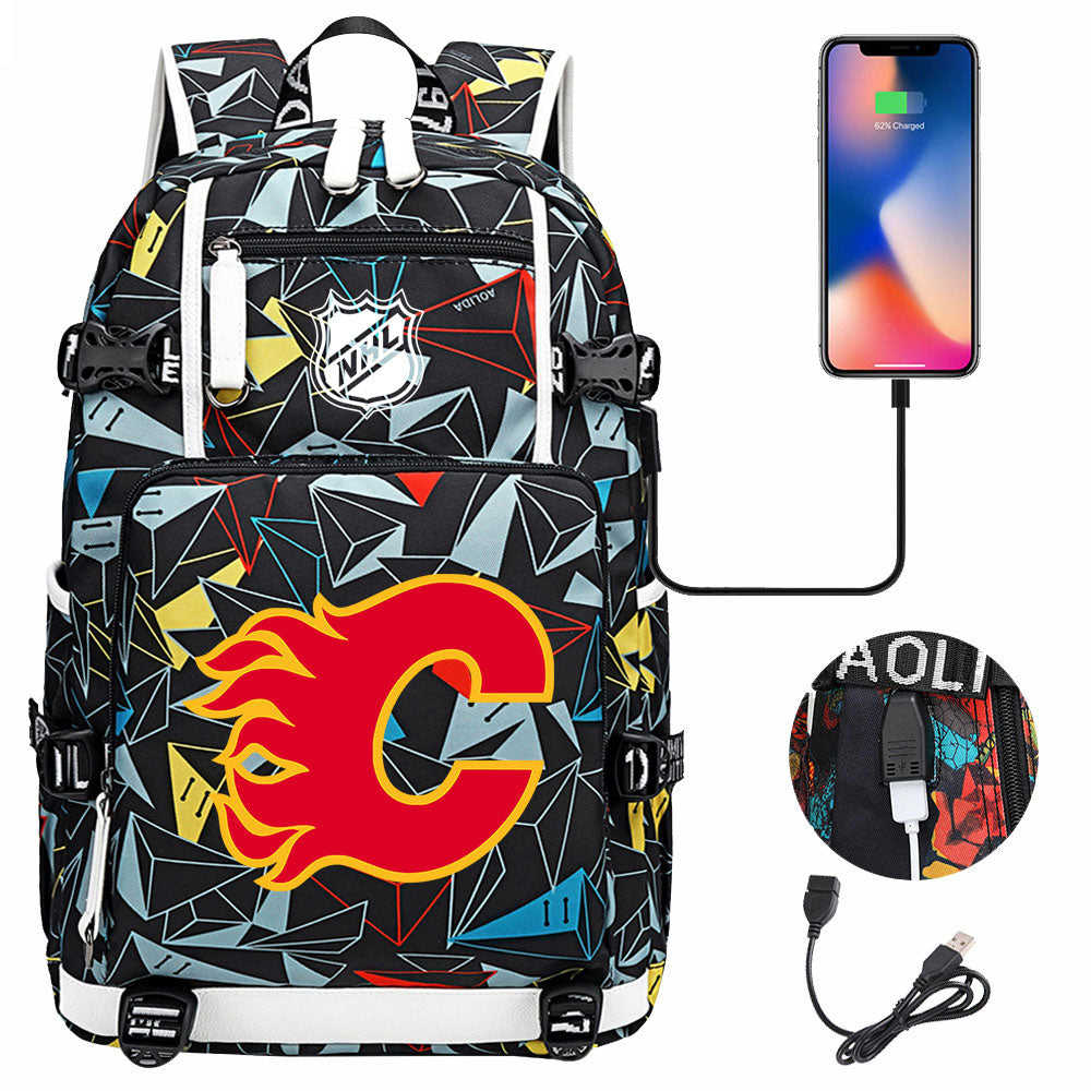 Calgary Flames Hockey League USB Charging Backpack School Notebook Travel Bags