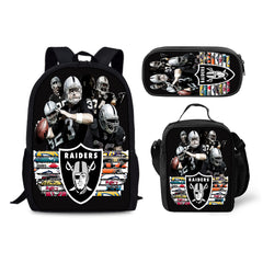 Oakland Raiders Football Team Backpack Schoolbag Lunch Bag Pencil Bag for Kids Students 3PCS