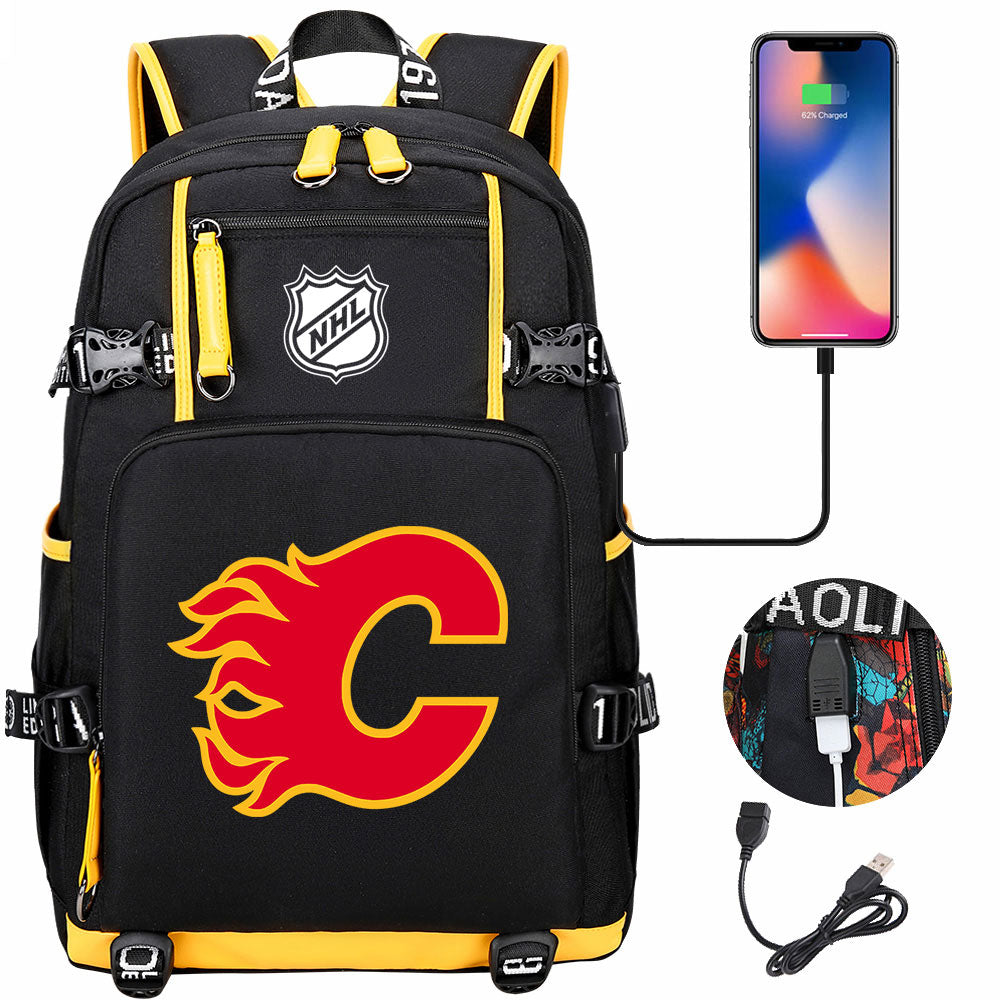 Calgary Flames Hockey League USB Charging Backpack School Notebook Travel Bags