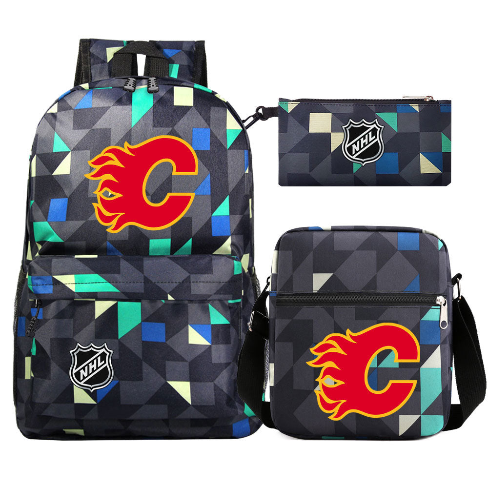 Calgary Flames Hockey League Printed Schoolbag Backpack Shoulder Bag Pencil Bag 3pcs set for Kids Students