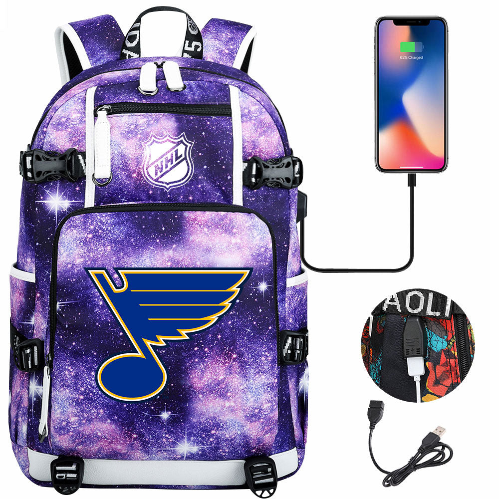 St Louis Blues Hockey League USB Charging Backpack School Notebook Travel Bags