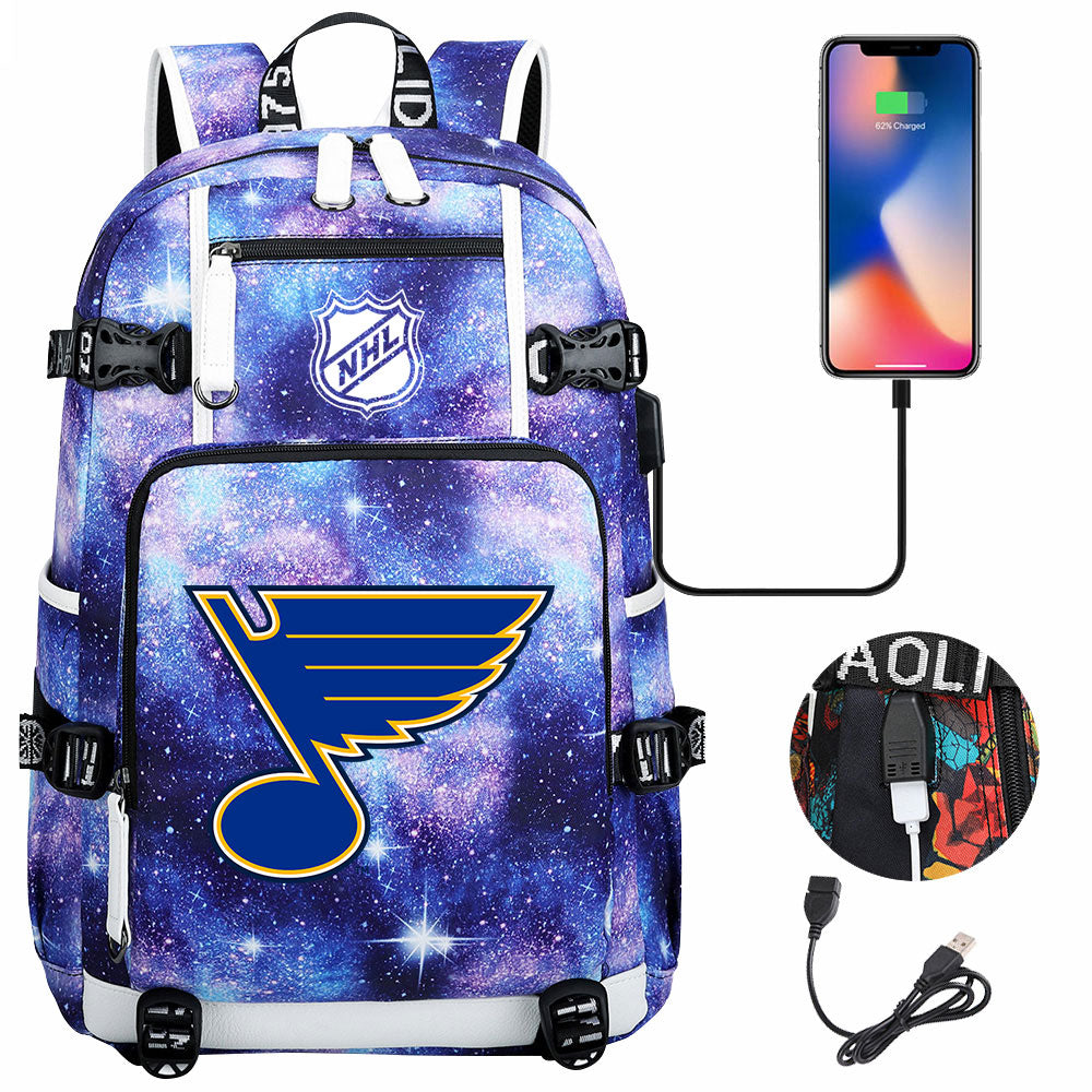 St Louis Blues Hockey League USB Charging Backpack School Notebook Travel Bags