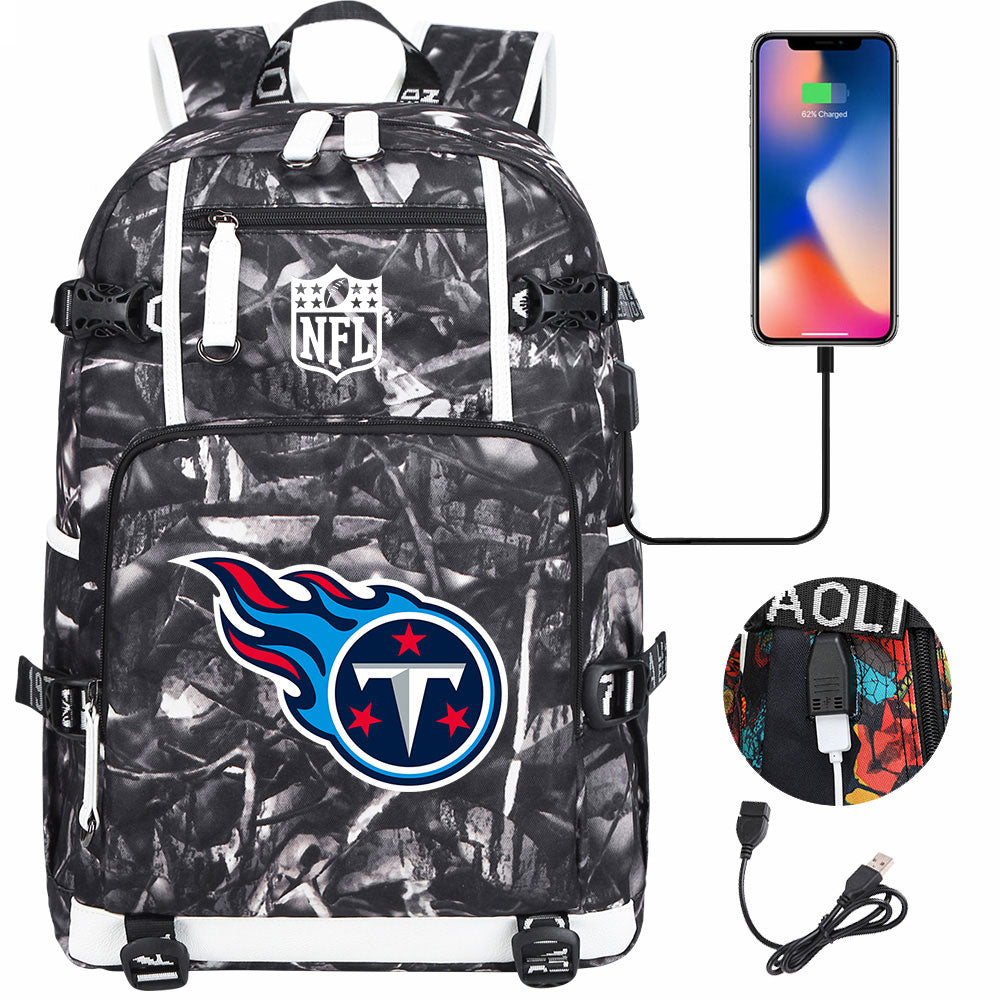 Tennessee Titans Football Team USB Charging Backpack School Notebook Travel Bags