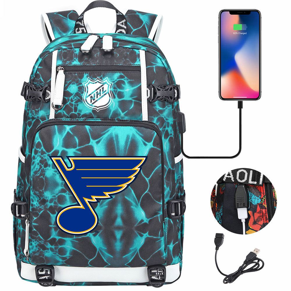 St Louis Blues Hockey League USB Charging Backpack School Notebook Travel Bags