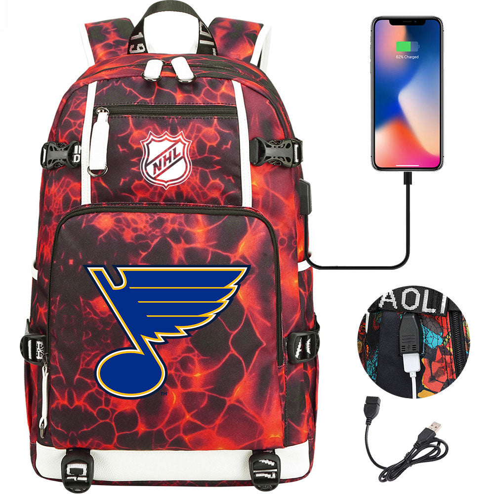 St Louis Blues Hockey League USB Charging Backpack School Notebook Travel Bags