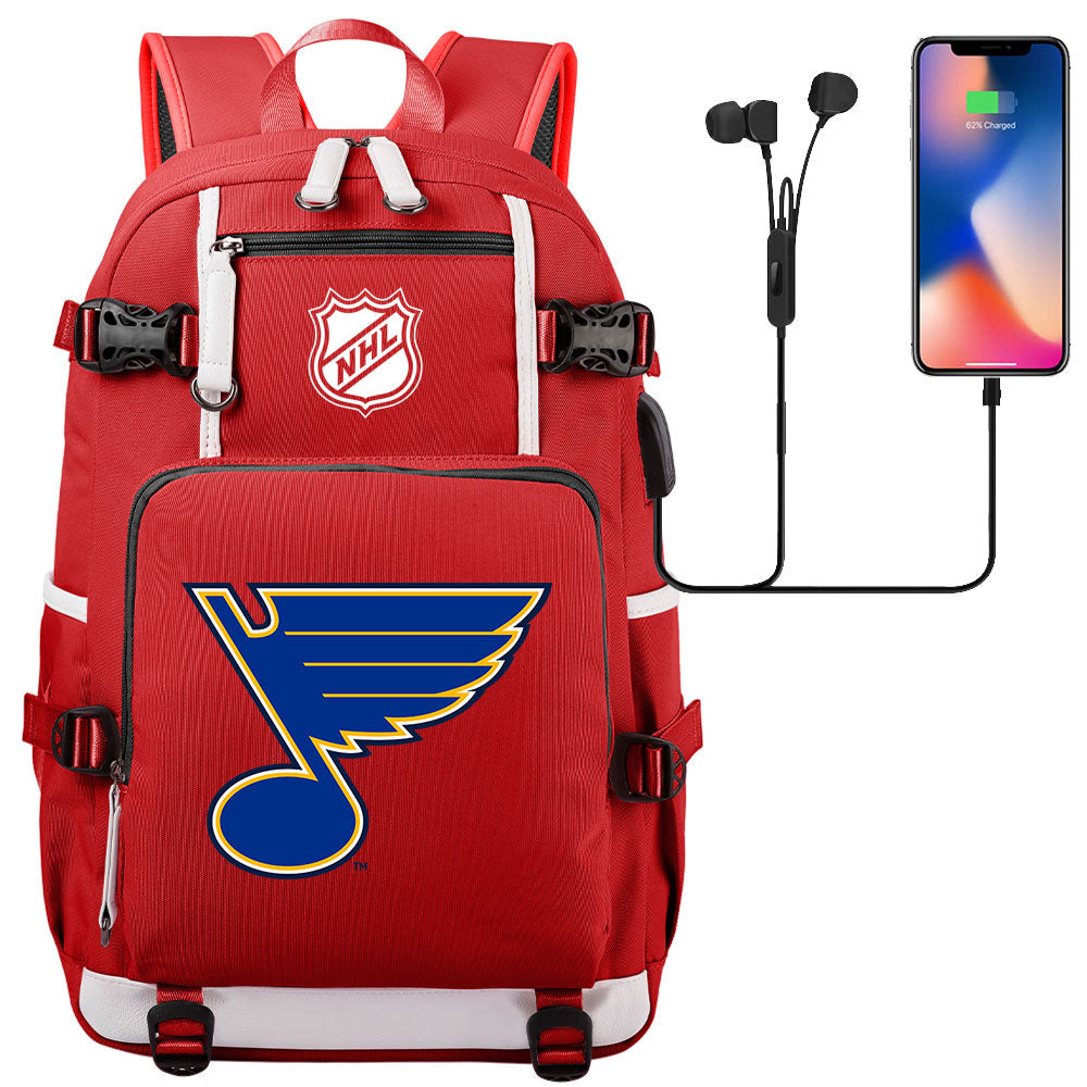 St Louis Blues Hockey League USB Charging Backpack School Notebook Travel Bags