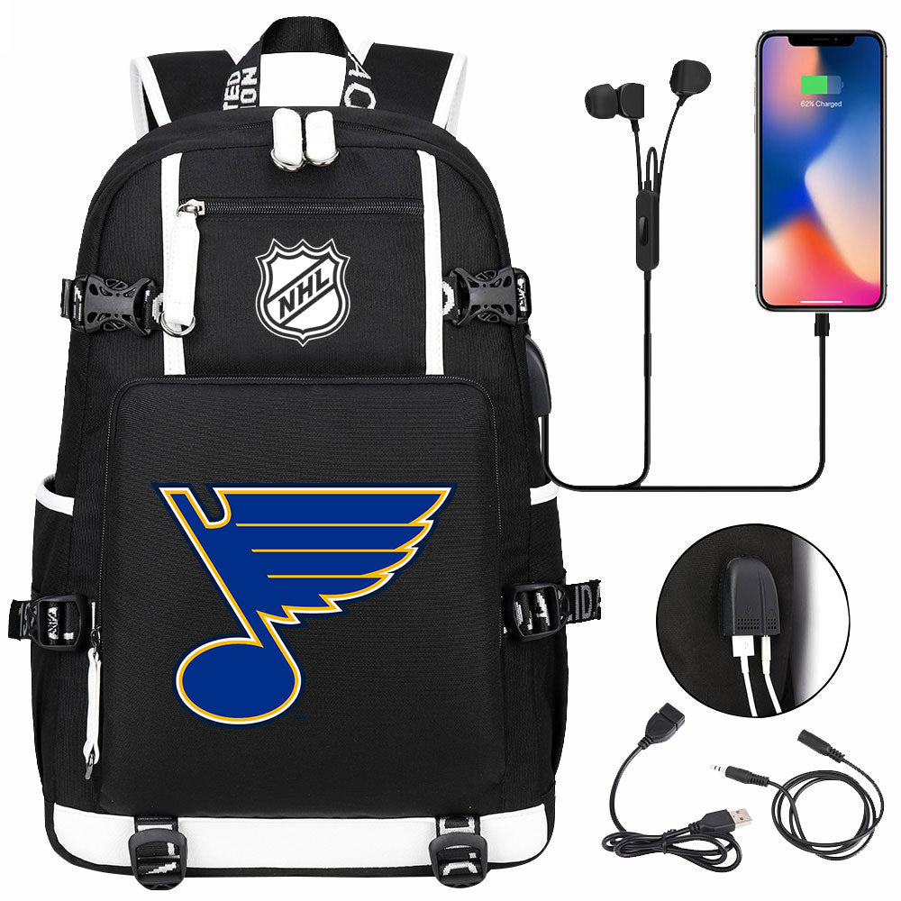 St Louis Blues Hockey League USB Charging Backpack School Notebook Travel Bags