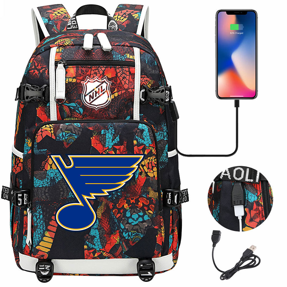 St Louis Blues Hockey League USB Charging Backpack School Notebook Travel Bags