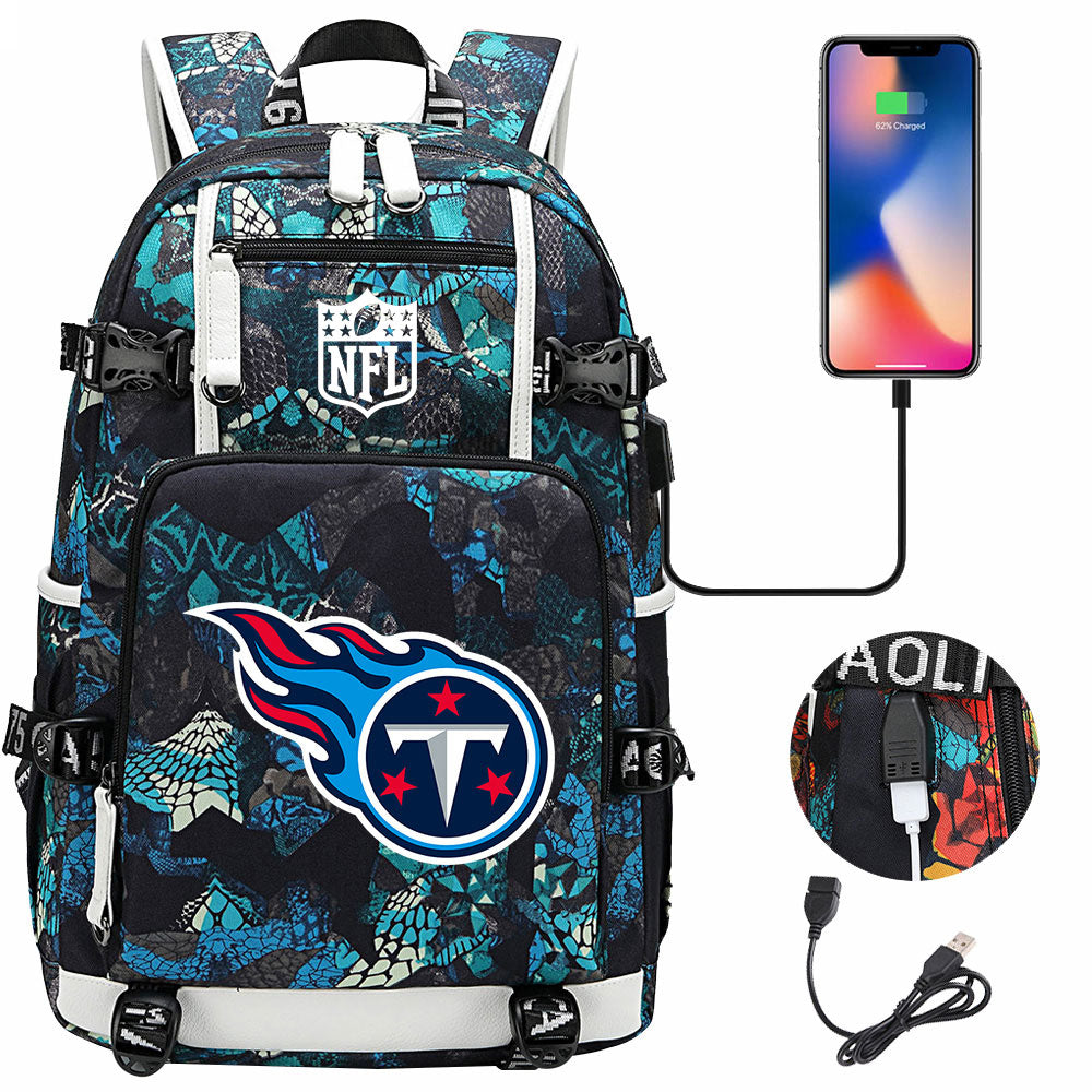 Tennessee Titans Football Team USB Charging Backpack School Notebook Travel Bags