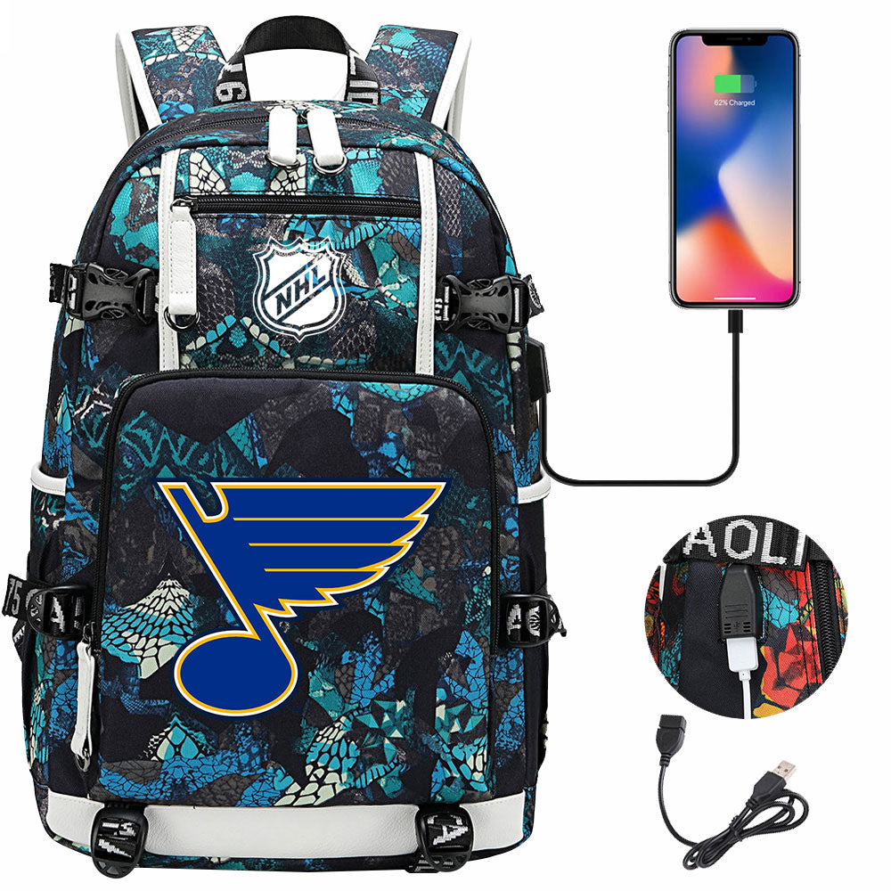 St Louis Blues Hockey League USB Charging Backpack School Notebook Travel Bags