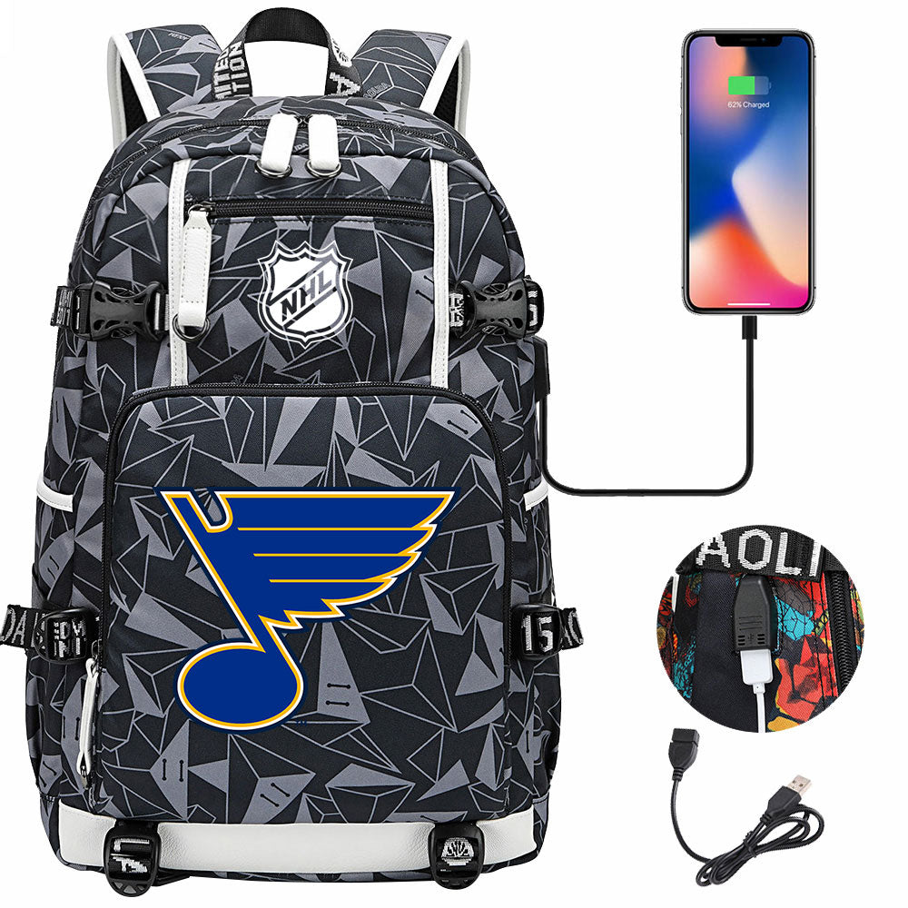 St Louis Blues Hockey League USB Charging Backpack School Notebook Travel Bags