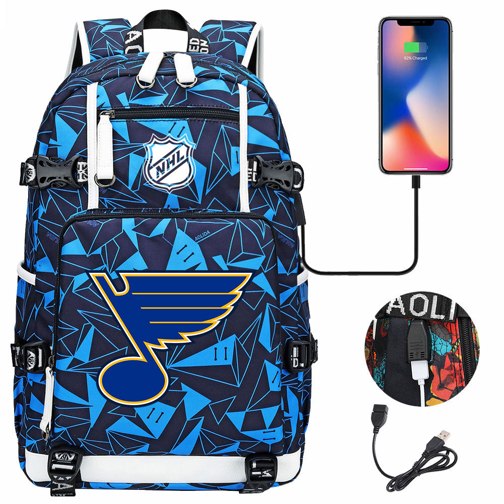 St Louis Blues Hockey League USB Charging Backpack School Notebook Travel Bags