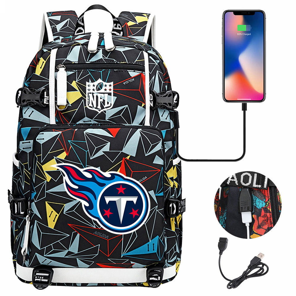 Tennessee Titans Football Team USB Charging Backpack School Notebook Travel Bags