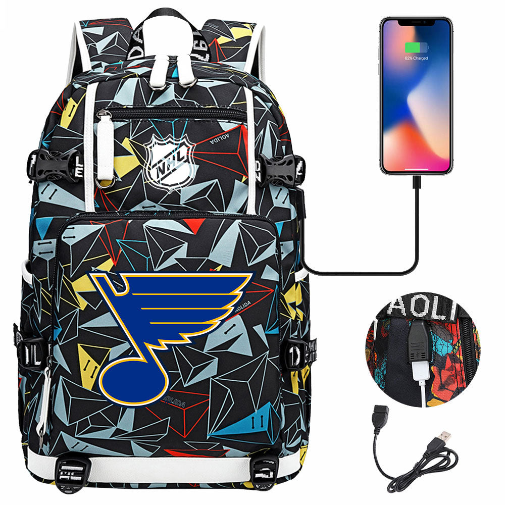 St Louis Blues Hockey League USB Charging Backpack School Notebook Travel Bags