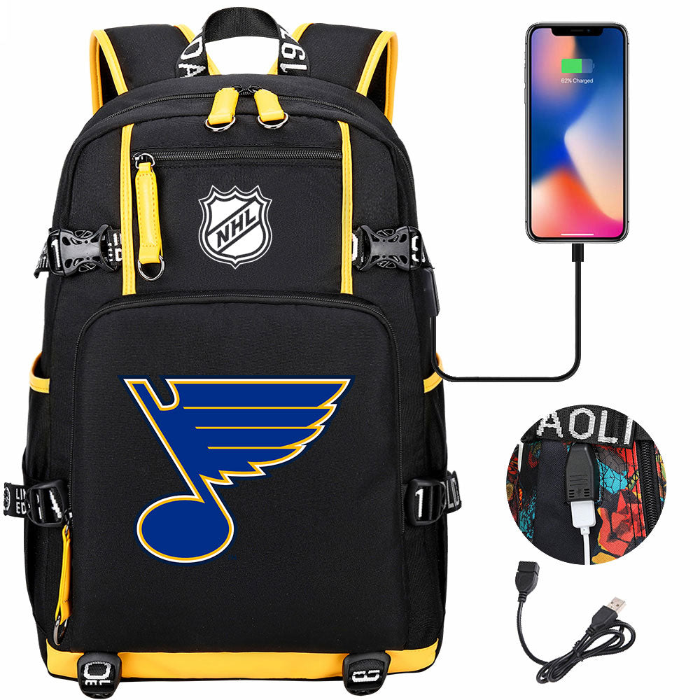 St Louis Blues Hockey League USB Charging Backpack School Notebook Travel Bags