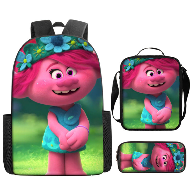 Trolls Full Printed Backpack Schoolbag Travel Notebook Bag Lunch Bag Pencil Bag for Kids Students 3PCS