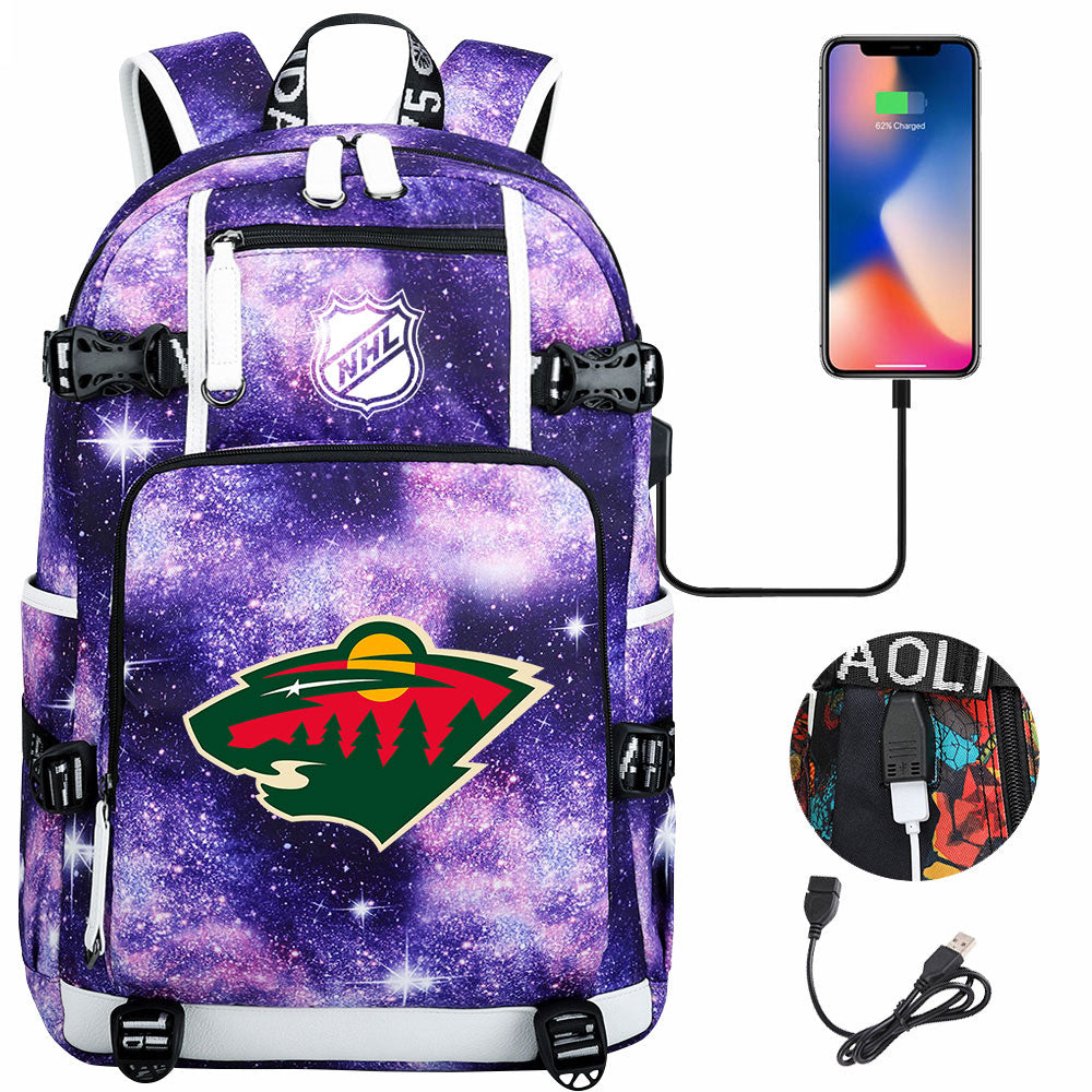 Minnesota Wild Hockey League USB Charging Backpack School Notebook Travel Bags