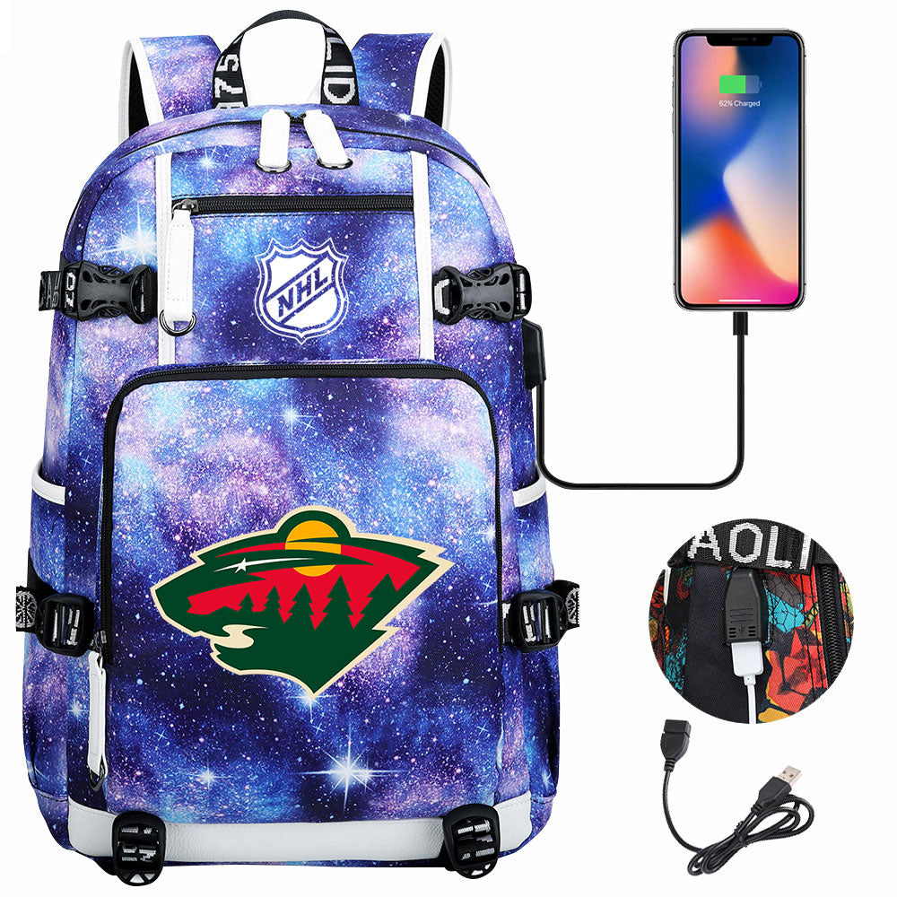 Minnesota Wild Hockey League USB Charging Backpack School Notebook Travel Bags