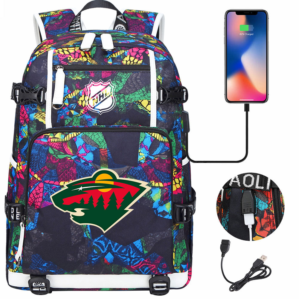 Minnesota Wild Hockey League USB Charging Backpack School Notebook Travel Bags